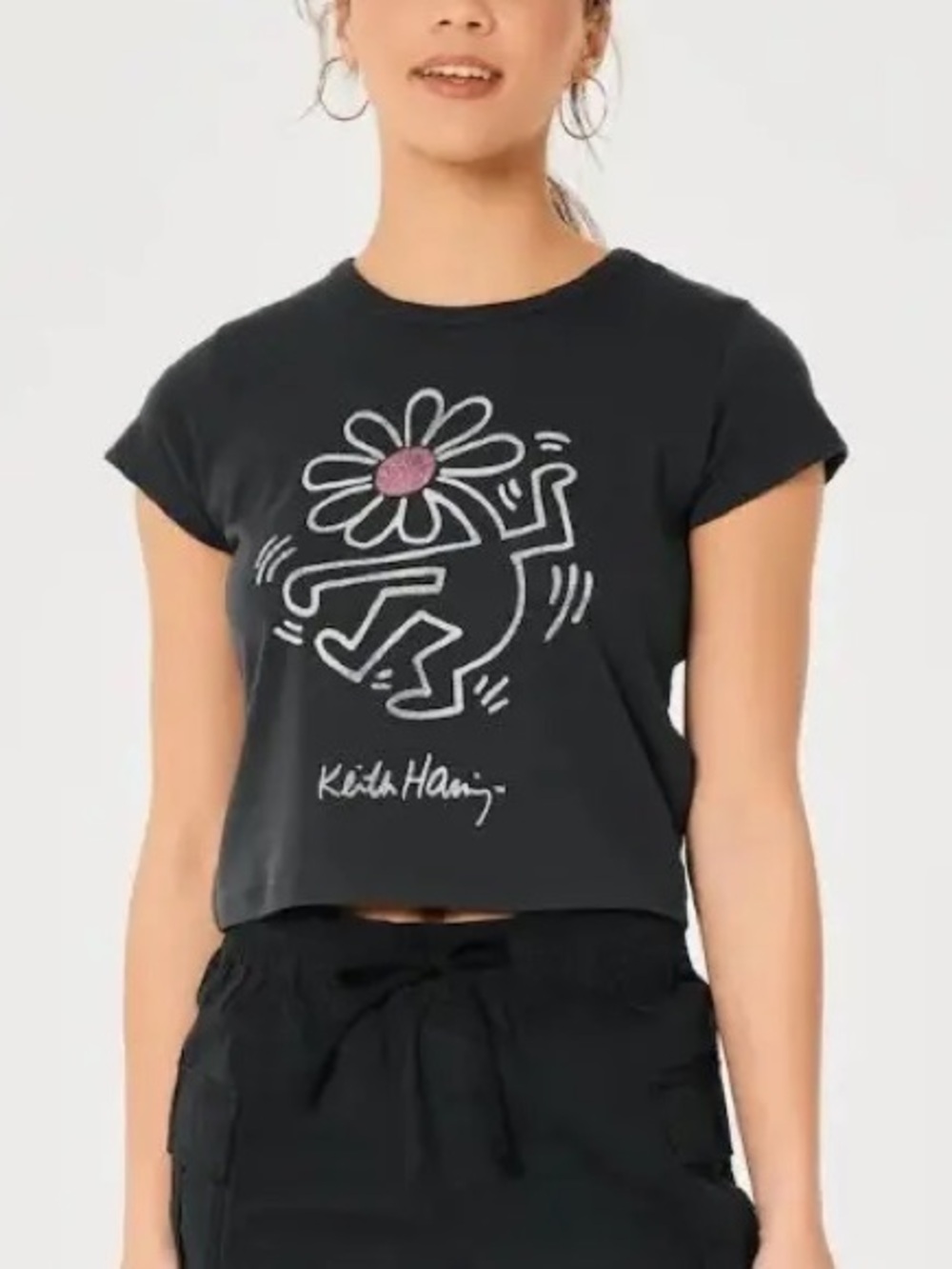 Hollister Keith Haring Black Graphic Crop Tee with Daisy